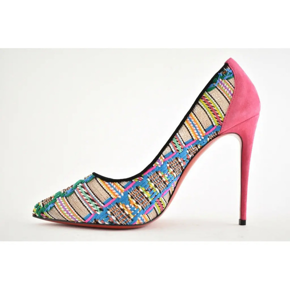 Christian Louboutin Follies Lace 100 Pink Black Hippie Suede Mesh Heel Pump 35.5 - Picture 9 of 12